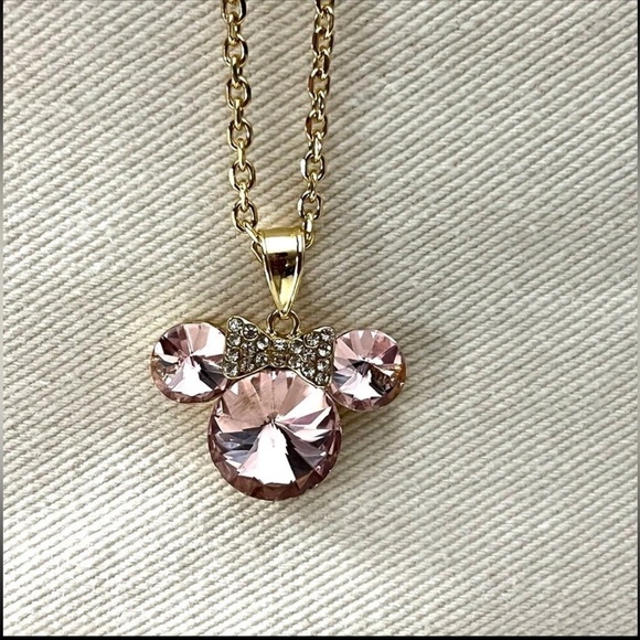 Disney Necklace: Minnie Mouse Ears Charm Necklace Gold w/ Pink Diamond Simulants - Picture 3 of 6